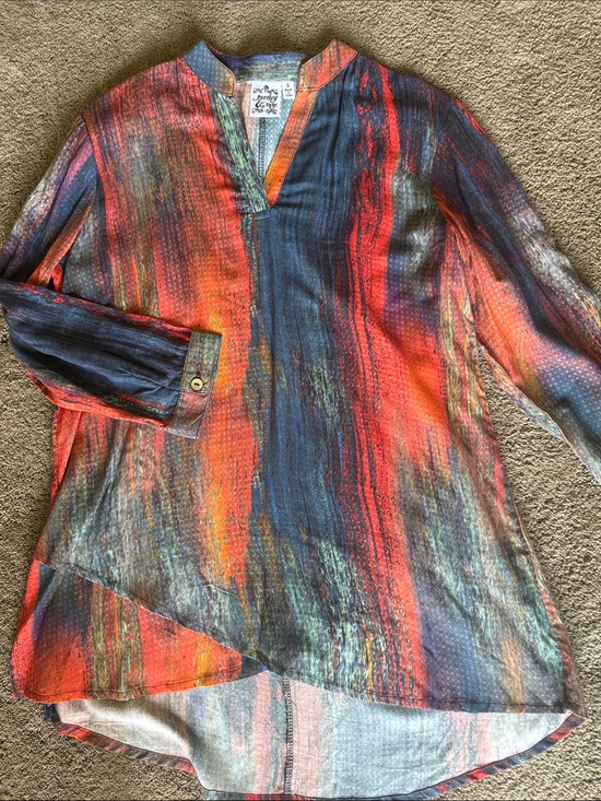 Paisley & sage Tops - Abstract Striped Pullover Tunic in Orange, Blue & Green. SKU 419